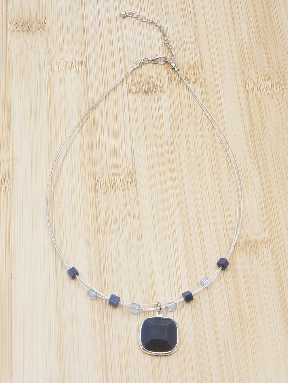Silver Necklace with Navy Blue Pendant & Matching Beads 7.5" Long